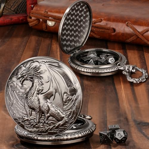 Mini DND Dice Set with Steampunk Dragon Pocket Watch Shell Case, 7pcs Polyhedral Metal DND Dice Set, DND Starter Set, D&D Gifts with Dragon Logo Gift Bag, Role Playing Board Games Accessories, Silver - color: Silver