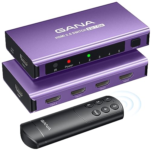 HDMI Switch 5 in 1 Out 4K@60Hz, GANA HDMI Splitter Switcher with Remote, Aluminum HDMI 2.0 Switch Box Hub for 3D, HDCP2.2, HDR, Compatible with Xbox, PS5/4/3,Fire Stick,Roku,Blu-Ray Player, Purple - color: Purple