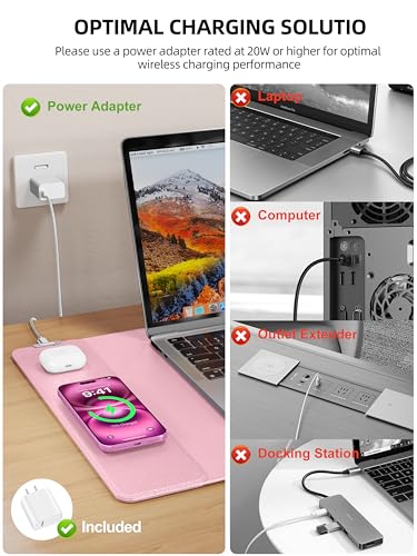 TopMade Mouse Pad with 15W Wireless Charging, XXL Large Leather Desk Mat, Waterproof Gaming Mousepad Home Office Desk Pad Protector, Pink (Includes 20W PD Power Adapter & 6.56ft Woven Cable) - color: Pink With Adapter