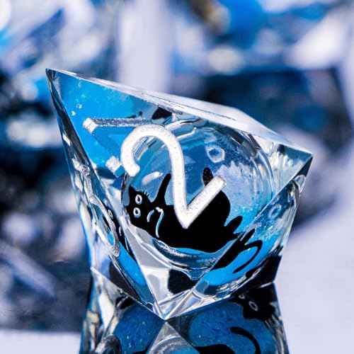 DND Cat Dice Set Blue Sharp Edge Dice with Box, RPG D and D Dice Dungeons Dragons Role Playing Game Polyhedral Resin Dice Set D20 D12 D10 D8 D6 D4 - color: Silver Blue