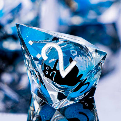 DND Cat Dice Set Blue Sharp Edge Dice with Box, RPG D and D Dice Dungeons Dragons Role Playing Game Polyhedral Resin Dice Set D20 D12 D10 D8 D6 D4 - color: Silver Blue