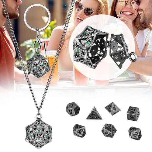 Mini DND Dice Set with Hollow D20 Metal Case Portable Keychain Necklace, Tiny 7pcs Polyhedral D&D Dice Set, DND Gifts with Gift Box, D&D Accessories for RPG（Green Diamond, Silver） - color: Dark Silver