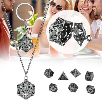 Mini DND Dice Set with Hollow D20 Metal Case Portable Keychain Necklace, Tiny 7pcs Polyhedral D&D Dice Set, DND Gifts with Gift Box, D&D Accessories for RPG（Green Diamond, Silver） - color: Dark Silver