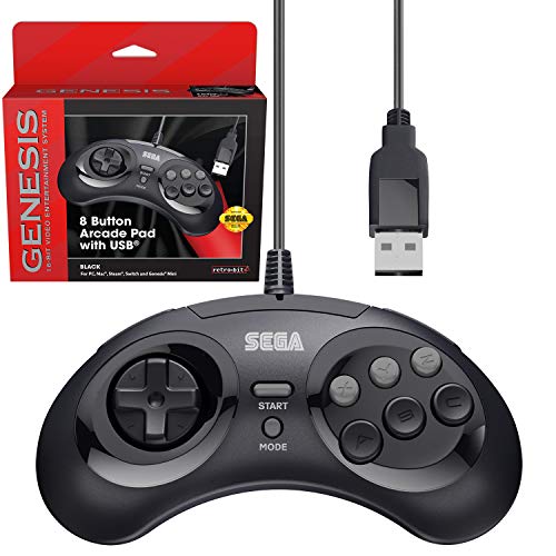 Retro-Bit Official Sega Genesis USB Controller 8-Button Arcade Pad for Sega Genesis Mini, Switch/Switch 2, PC, Mac, Steam, RetroPie, Raspberry Pi - USB Port (Black) - color: Black