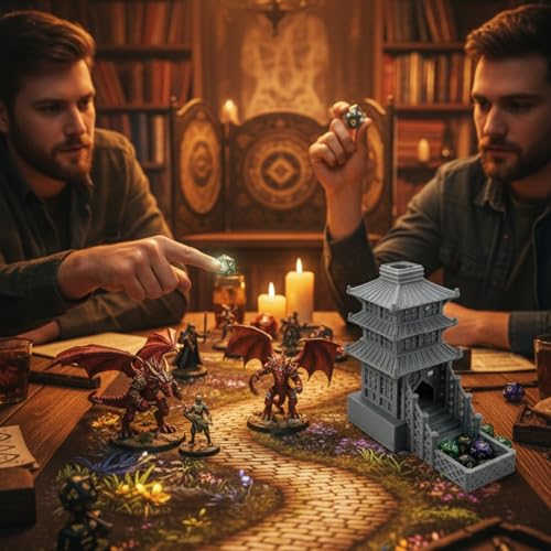 Temple Dice Dice Tower Dungeons and Dragons RPG Tabletop Roleplaying Game Jail DND (Random 7PCS D20 Dice Set Included) (Silver) - color: Silver