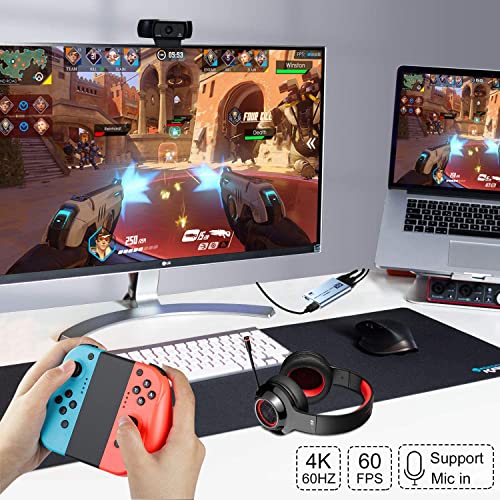 Video Capture Card 4K 1080P 60FPS, USB 3.0 HDMI Video Capture Device, HD Game Capture Card for Streaming, Work with PS4/PS5/Xbox/PC/Mac Windows 10/11 - color: Silver