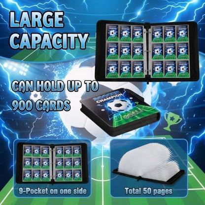 Trading Card Binder 9 Pocket, Soccer Card Binder Holds 900 Cards with 50 Removable Sleeves, Waterproof PU Leather with Zipper Card Collector Album Book Compatible with TCG Cards - color: Soccer