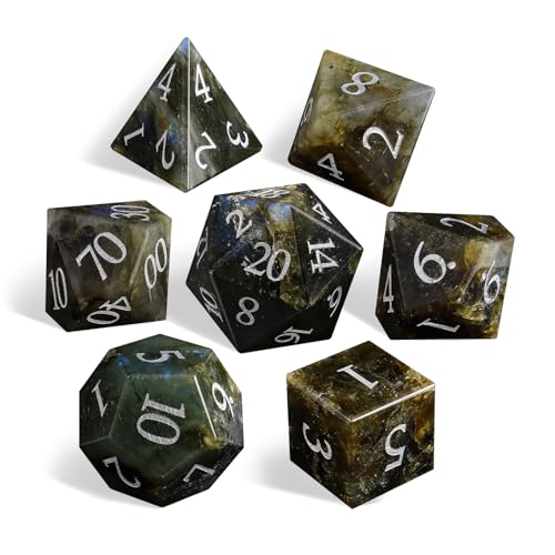 LUCKY-M Labradorite Gemstone DND Dice Set, 7 PCS Dungeons and Dragons Dice with Case for RPG, Unique Stone Dice Set D&D D4 D6 D8 D10 D00 D12 D20(LD-Silver) - color: Ld-silver