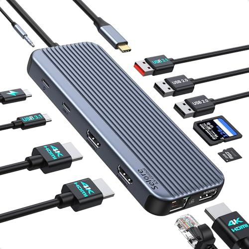 USB C Docking Station 3 HDMI, Selore 12 in 1 Laptop Docking Station 3 Monitors with Triple HDMI,10Gbps USB A/C 3.1,USB 2.0,100W PD Charging, Gigabit Ethernet, Audio Mic,SD/Micro SD Card Slot - size: 12-in-1