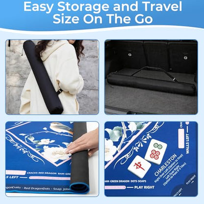 Mahjong Mat for Table 31.5"x31.5" Non Slip Noise Reduction Mahjong Table Mat with Carry Storage Bag for Playing Board Game Domiones Blackjack Poker Card (Prussian Blue) - color: Prussian Blue