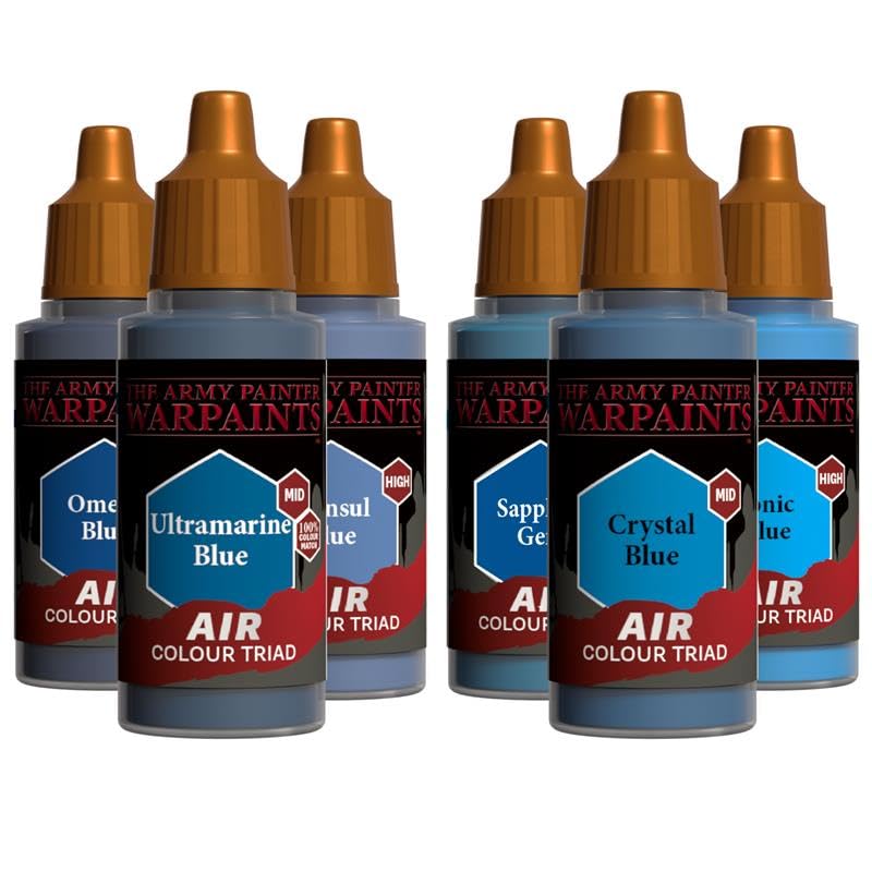 The Army Painter, Airbrush Primary Bundle Blue, 2 Colour Air Triads with 6 x 18 ml Pre-thinned Acrylic Airbrush Paints - Air Brush Miniature Paint for D&D & Warhammer Miniatures | Pre-thinned Acrylic spray gun paints - Paint sprayer paint for D&D & Warham