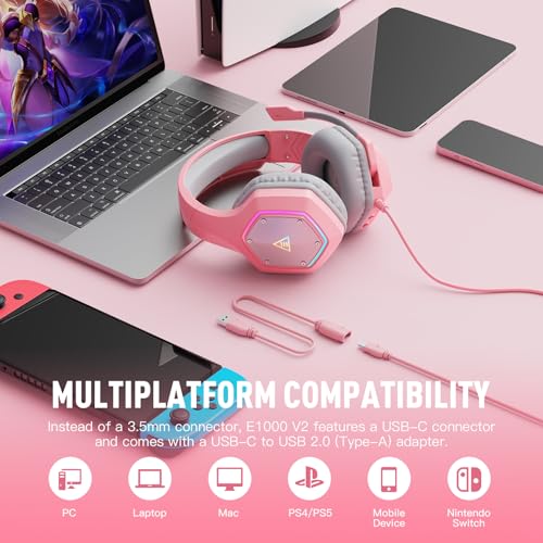 EKSA E1000 V2 Gaming Headset, PC Headset with USB C Plug, Wired Headphones with Noise Canceling Microphone, 7.1 Surround Sound, RGB Light, include USB Adapter for Computer,Mac, PS4/PS5 Console, Laptop - color: Pink