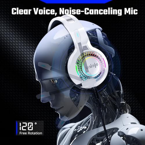 White Gaming Headset for PS5, PS4, PC, Xbox Headset with Noise-Canceling, 7.1 Surround Sound, RGB Light, Memory Foam Ear Pads, Wired Over-Ear Headphones for Xbox Series X/S, Switch