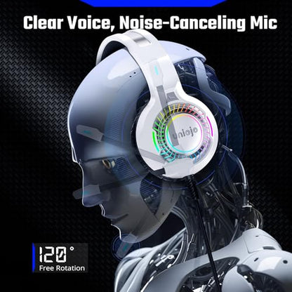White Gaming Headset for PS5, PS4, PC, Xbox Headset with Noise-Canceling, 7.1 Surround Sound, RGB Light, Memory Foam Ear Pads, Wired Over-Ear Headphones for Xbox Series X/S, Switch