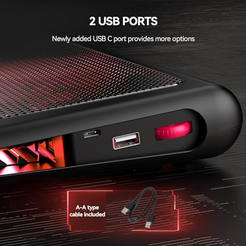 TECKNET Laptop Cooling Pad - 12"-15.6" Laptop Cooler with Quiet Cooling Fan | USB-A & USB-C Powered Cooling Stand with Adjustable Wind Speeds for Gaming, Work & Everyday Computing, Red LED - color: Red