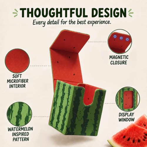 Watermelon Themed Deck Box with Commander Display Window | Holds 120 Single/100 Double-Sleeved Cards, Fit MTG/PTCG/OPTCG Cards, Strong Magnet, PU Leather, With 2 Dividers & 1 Toploader - color: Watermelon