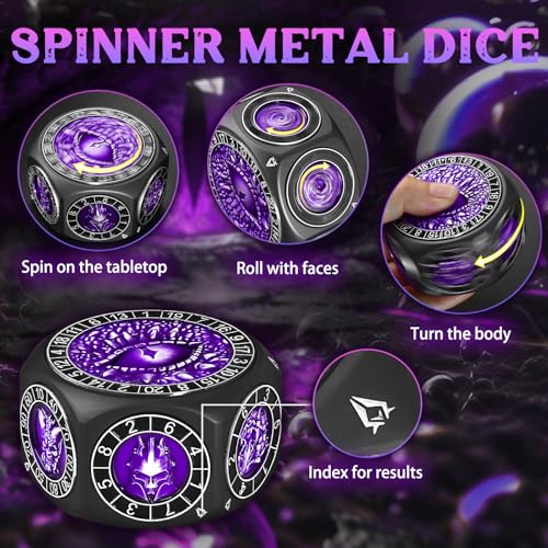 ZHOORQI 8-in-1 DND Dice Set – Metal Spinner Dice with Dual D20, 3D Monster Engravings & Smooth Spinning – Perfect for TTRPG, D and D Dungeons and Dragons Gifts(Black Dice - Purple) - color: Black Purple