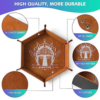 Grajar 6 Pcs DND Dice Tray with Characters Pattern for RPG D&D Table Games - Folding PU Leather and Velvet Rolling Holder Storage Box - color: Character Series 2