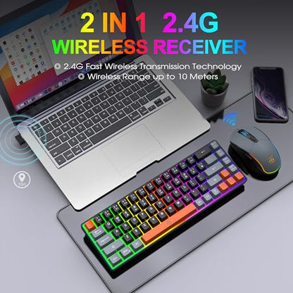 Snpurdiri 60% Wireless Gaming Keyboard and Mouse Combo,Rainbow Backlit Rechargeable 2000mAh Battery,Mini Mechanical Feel Keyboard + Popular RGB Mice for Gaming,Business Office(Gray-Black-Orange) - color: Black Gray Orange Combo