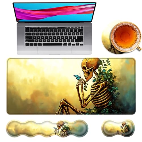 Large Mouse Pad and Keyboard Wrist Rest, Desk Pad for Keyboard and Mouse, 4-in-1 Large Gaming Mouse Pad with Wrist Support, Desk Mat for Home Office Study Game,Skeleton and Butterfly - color: Skeleton and Butterfly