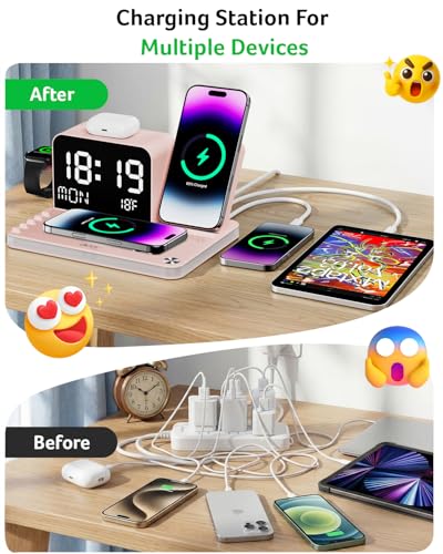Acer 7-in-1 Wireless Charging Station with LED Clock - 30W Fast Wireless Charger for iPhone 16/15/14/13/12/Pro Max, Apple Watch, AirPods - Bluetooth Auto Time Sync & Night Lights (Pink) - color: Pink