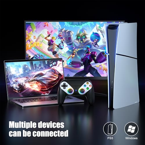 Dinosoo RGB Wireless Controller for PS5/PC/Mobile – Bluetooth Gamepad with Turbo, Macro, Dual Vibration, 6-Axis Gyro, 3.5mm Audio Jack, Built-in Speaker, 1000mAh Battery (Black) - color: Black