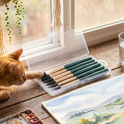 6-Piece Travel Watercolor Brush Set, Mini Kolinsky Sable Paint Brushes with Short Handles — Flat Round Detail Liner for Watercolor, Gouache, Oil, Acrylic Painting