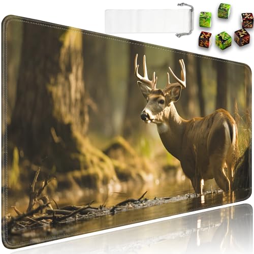 for MTG Playmat + Drawstring Travel Pouch + 6 Dice Counter, for Trading Card Game Playmats or Mouse Pad, Anti-Slip Rubber 24 x 14 in, Deer Forest for TCG Playmat (No with Zone) - color: JV-Playmat-5-1-A26