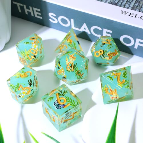 XENOLUX Polyhedral Resin DND Dice Set for RPG and Board Games, Clear with Internal Butterfly and Yellow Flowers, 7 Pieces in Tin Box (L17) - color: L17