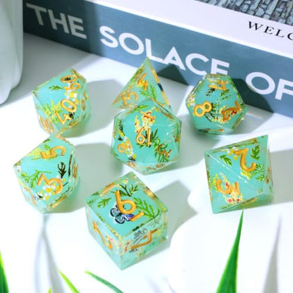 XENOLUX Polyhedral Resin DND Dice Set for RPG and Board Games, Clear with Internal Butterfly and Yellow Flowers, 7 Pieces in Tin Box (L17) - color: L17