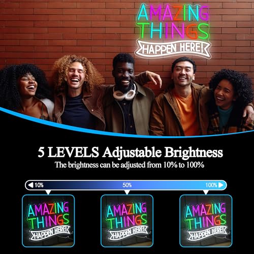 Amazing Things Happen Here Neon Sign Inspirational Rainbow Neon Light USB Powered Amazing Light LED Sign for Wall Decor Bar Club Party Home Room(16.54 * 11.02In) - style: Amazing Things Happen Here