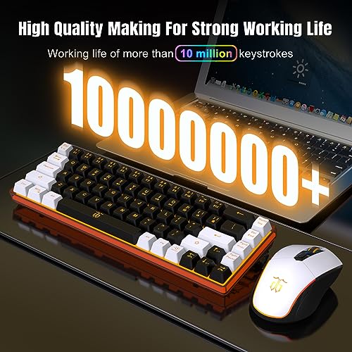 Snpurdiri 60% Wireless Gaming Keyboard and Mouse Combo,Orange Backlit Rechargeable 2000mAh Battery,Mini Mechanical Feel Anti-ghosting Keyboard + Popular RGB Mice for Gaming, Office(Black-White) - color: Black White Combo