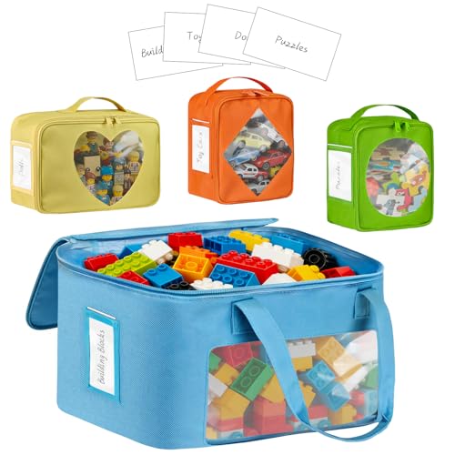 4 PCS Visible Magnetic Tiles Storage Bags, Toy Storage Bags with Label for Home School, Carrying Case for Building Bricks, Puzzle, Board Games, Toy Car and Other