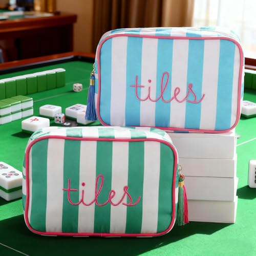 Sanwuta 1 Pcs Mahjong Tile Bag with Zipper,Green,Striped | Embroidered Mahjong Case for 166 American Mahjong Tiles (1.2") Portable Bags for Board Game Party Gathering Travel - color: Green, style: Classic