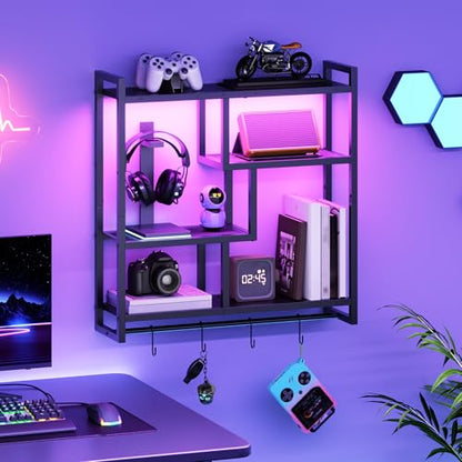 HOOBRO Gaming Floating Shelves with LED Lights, 28.7" LED Wall Mounted Shelf, 4-Tier Floating Wall Shelf for Storage, Display Rack with Hanging Bar and 4 S Hooks, for Gaming Room, Black BB37DBJ01 - color: Black