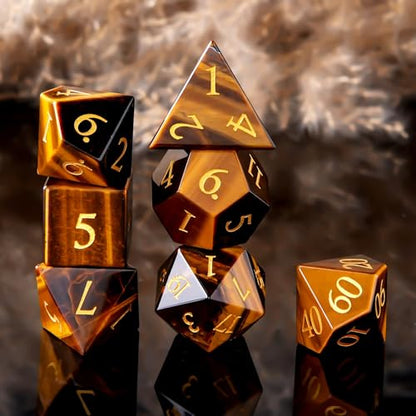 Tiger Eye Crystal DND Dice Set 7 PCS Gemstone Suitable for Dungeons and Dragons for D & D RPG Games (Tiger Eye - color: Tiger Eye