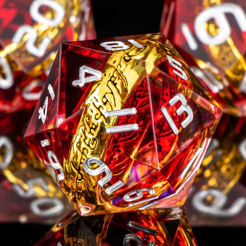 OUKELANWO Magic Lord Rings DND Dice Set with Box, 7Pcs Resin LOTR D&D Dice Set for Role Playing Game, Red Dungeons Dragons D and D Sharp Edge Dice D20 D12 D10 D8 D6 D4 - color: Red & White
