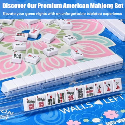 ADAH American Mahjong Set with 166 Tiles, 4 All-in-One Rack/Pushers, Premium Melamine Scratch-Resistant Tiles, Embroidered Blue Travel Case – Complete Mahjong Game Set with Chips, Dice & Instruction