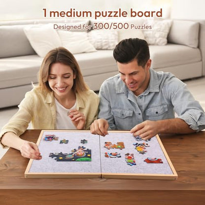 Woodtoe Small Puzzle Board with 2 Sizes, 16.1'' x 11.4'' Puzzles Board for 100 Piece, 16.1'' x 22.8'' Puzzle Table for 300 500 Jigsaw Puzzles, Wooden Felt Puzzle Tray for Kids 3+