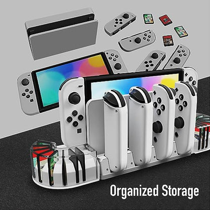TNP Nintendo Switch Charging Dock, 4 Joy-Con Slots, 20-Card Holder, White | Joy-Con charging station for Nintendo Switch and Switch OLED with LED indicators, USB dock connection, and 4-slot capacity.