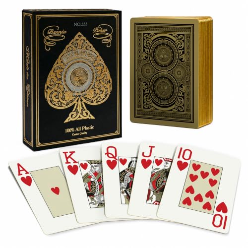 Ben Niu Gold Edge 100% Plastic Poker Size Playing Cards Jumbo Index | Waterproof pvc material, fully washable surface, 180 degree flexibility, matte finish, luxury present - color: 333 Poker 117 Golden Gear