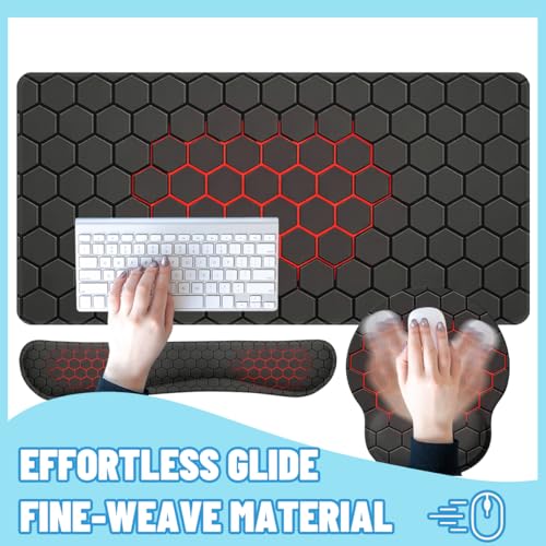 Red Hexagon Desk Mat Set Dark Gaming Tech Grid Mouse Pad with Wrist Rest 4in1 Desk Mat for Desktop Ergonomic Keyboard Wrist Support Anti-Slip Computer Ergonomic Mouse Pad Home Office Gaming - color: Red Hexagon