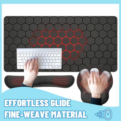 Red Hexagon Desk Mat Set Dark Gaming Tech Grid Mouse Pad with Wrist Rest 4in1 Desk Mat for Desktop Ergonomic Keyboard Wrist Support Anti-Slip Computer Ergonomic Mouse Pad Home Office Gaming - color: Red Hexagon
