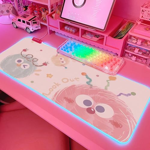 JMIYAV Pink RGB Gaming Mouse Pad 31.5x12 Inch Cute Mousepad PC XL Large Extended Glowing Led Light Up Desk Pad Non-Slip Rubber Base Computer Mat Desk Accessories Gaming Setup Happy Fuzzies - color: Happy Fuzzies