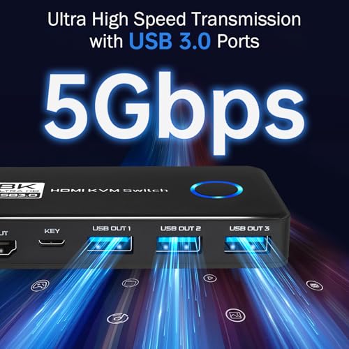 USB 3.0 8K@60Hz KVM Switch 1 Monitor 2 Computers - 4K@120Hz HDMI 2.1 KVM Switches with 3 Ports for Sharing Monitor Keyboard Mouse Hard Drives and Printer Includes 2 HDMI & USB Cables and Controller