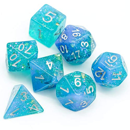 Blue DND Dice Set Glitter Polyhedral Dice Set D&D for Tabletop Games | Leather Storage Bag, DM Gift, for Dungeons and Dragons Role Playing Games - color: Glitter Blue/Green