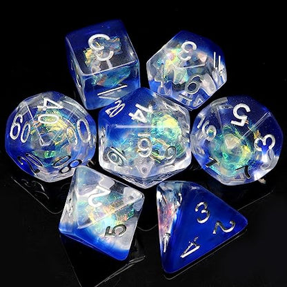 Haxtec Resin DND Dice Set 7PCS Blue Clear Iridecent Mylar Polyhedral D&D Dice with Bag, Compatible with Dungeons and Dragons Roleplaying Dice Games-Blue Clear Galaxy - color: Blue