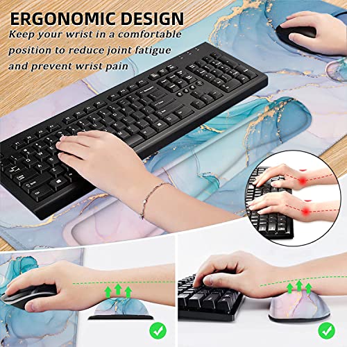 Large Mouse Pad with Wrist Rest, 4-in-1 Wrist Rest for Keyboard and Mouse | Non-Slip Waterproof Desk Mat Set, 35.4"x15.7" Desk Mat+Keyboard Wrist Rest+Mouse Wrist Support+Cup Coaster for Home Office - color: Green Marble-35.4''x15.7''