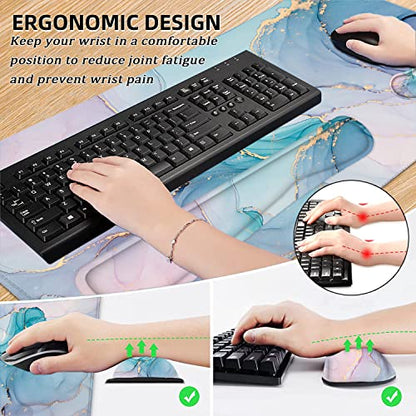 Large Mouse Pad with Wrist Rest, 4-in-1 Wrist Rest for Keyboard and Mouse | Non-Slip Waterproof Desk Mat Set, 35.4"x15.7" Desk Mat+Keyboard Wrist Rest+Mouse Wrist Support+Cup Coaster for Home Office - color: Green Marble-35.4''x15.7''