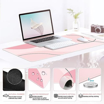 iCasso Pink Art 4in1 Desk Mat, 35.4"x15.7" Keyboard Pad for Travel | Dreamy Ergonomic Desk Pad Including Keyboard Wrist Rest, Mousepad Set for Women Workspace Table Computer Setup - color: Pink Art